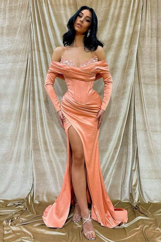 Stunning Off-the-Shoulder Long Sleeves Evening Dress Mermaid Slit With Sequins