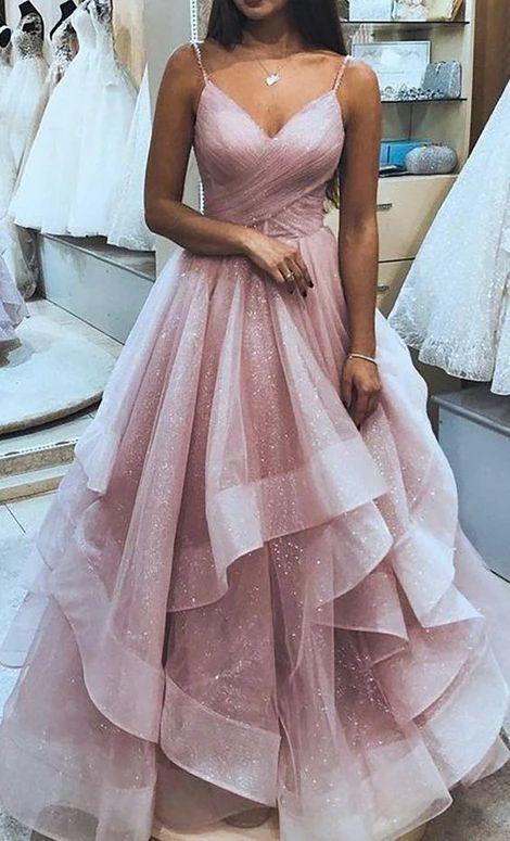 Ruffled rose gold long prom dress with pleated