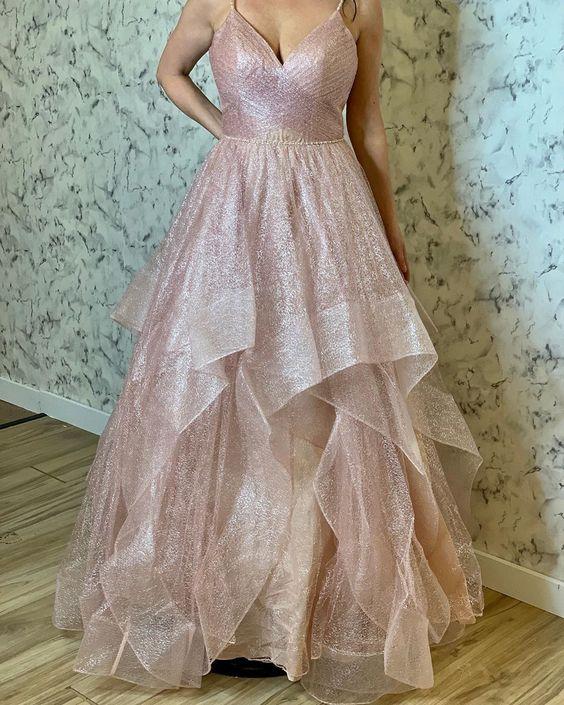 Ruffled rose gold long prom dress with pleated