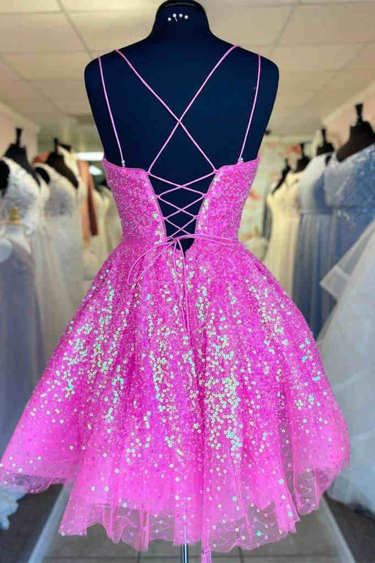 Cute Hot Pink Sequins A-Line Homecoming Dress