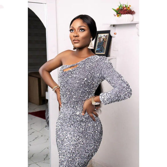 Silver Sequins Mermaid Prom Dresses Long Reception Evening Gowns African Women Formal Party