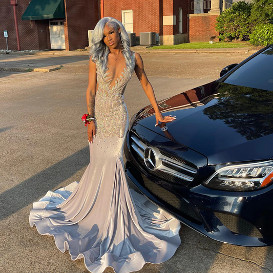 Long Prom Dresses Sexy Mermaid Style Luxury Beaded Diamond Black Girl Silver Prom Party Formal Gowns