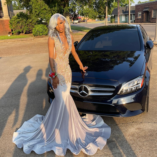Long Prom Dresses Sexy Mermaid Style Luxury Beaded Diamond Black Girl Silver Prom Party Formal Gowns