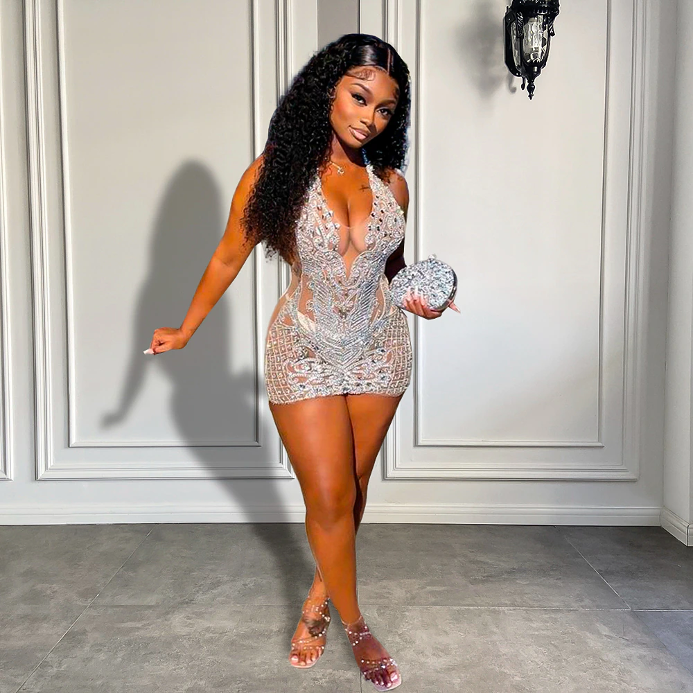 Sparkly Sexy See Through Halter Sleeveless Women Birthday Party Gowns Diamond Black Girl Short Prom Dresses