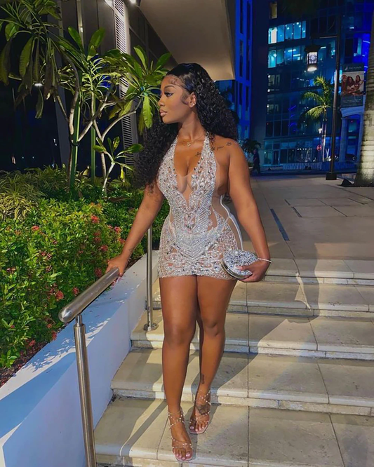 Sparkly Sexy See Through Halter Sleeveless Women Birthday Party Gowns Diamond Black Girl Short Prom Dresses