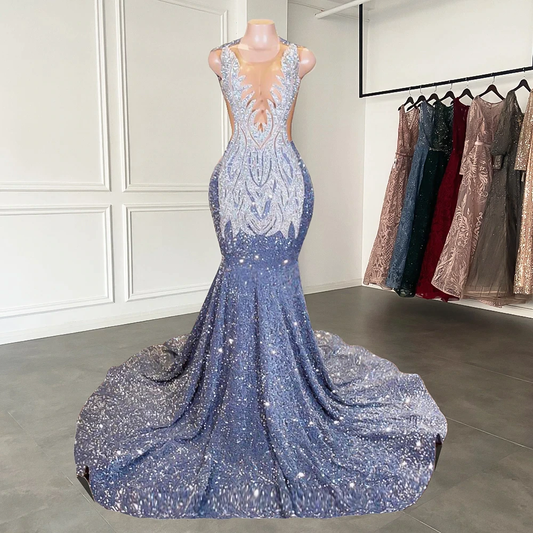Long Mermaid Prom Dresses Sparkly Diamond Sheer Scoop Neckline Silver Sequined Black Girl Prom Formal Gowns