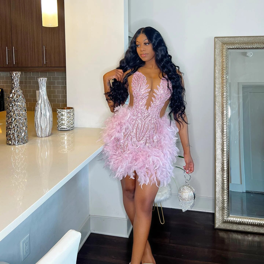 Sexy See Through Luxury Sparkly Pink Beaded Feather Black Girls Short Prom Dresses For Birthday Party