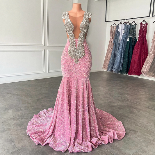 Long Sparkly Prom Dresses Mermaid Elegant Sheer Luxury Silver Handmade Beaded Pink Sequin Black Girls Prom Dresses