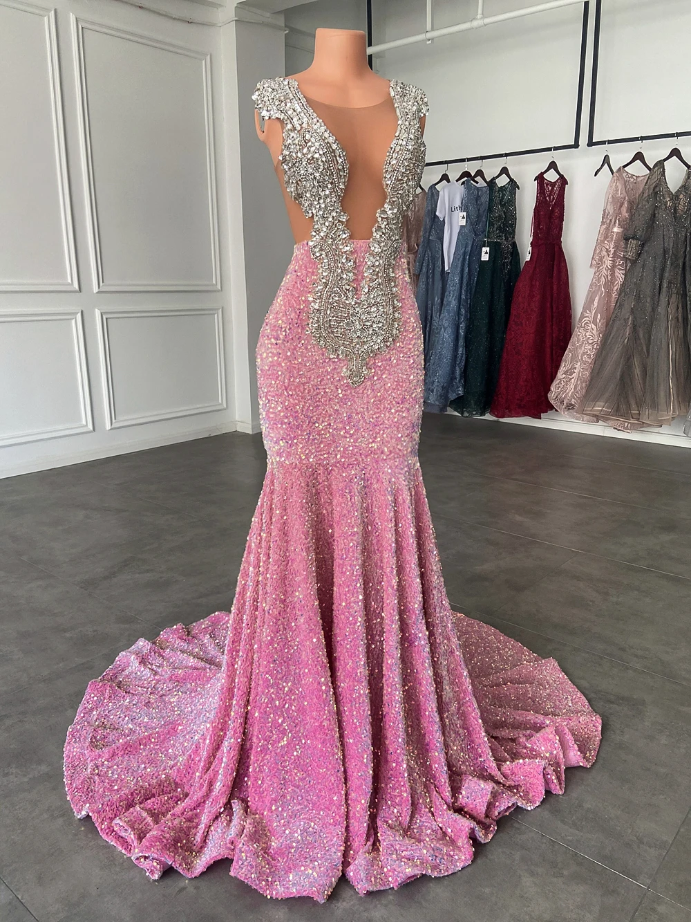 Long Sparkly Prom Dresses Mermaid Elegant Sheer Luxury Silver Handmade Beaded Pink Sequin Black Girls Prom Dresses