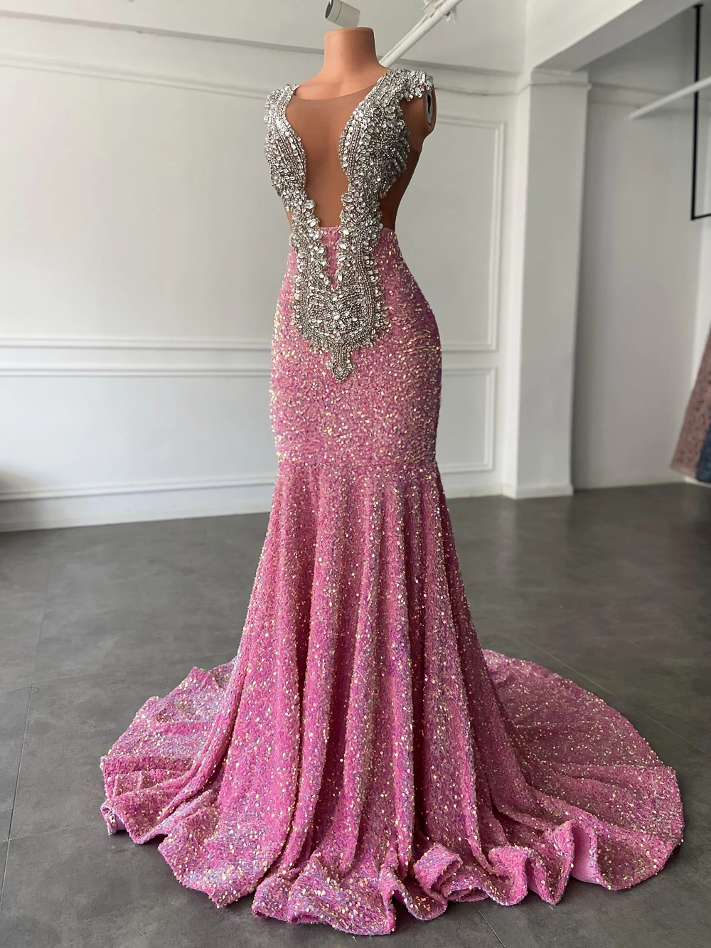 Long Sparkly Prom Dresses Mermaid Elegant Sheer Luxury Silver Handmade Beaded Pink Sequin Black Girls Prom Dresses