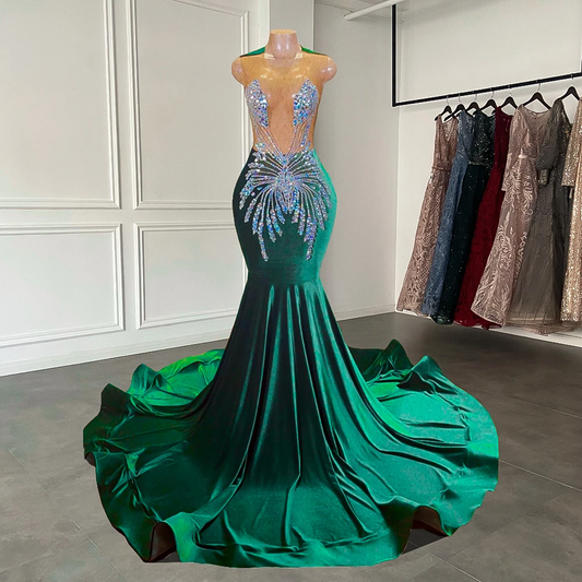 Long Elegant Prom Dresses Sexy Mermaid Style Sheer Mesh Luxury Handmade Beaded Dark Green Velvet Black Girl Prom Gala Gowns