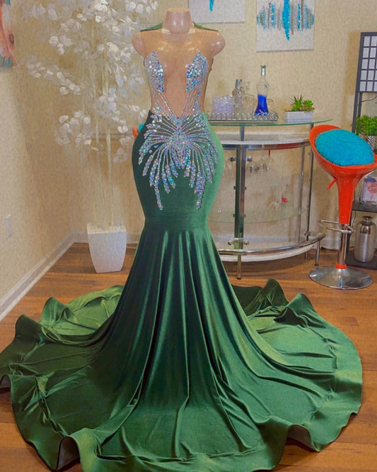 Long Elegant Prom Dresses Sexy Mermaid Style Sheer Mesh Luxury Handmade Beaded Dark Green Velvet Black Girl Prom Gala Gowns