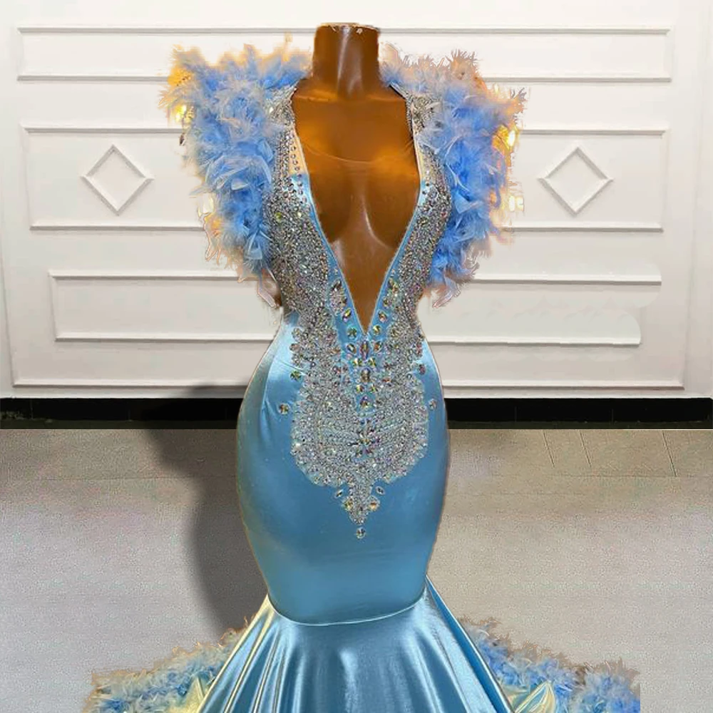 Luxury V Neck Black Girls Mermaid Long Prom Dresses for Graduation Party Glitter Beaded Crystals Women Formal Evening Gowns