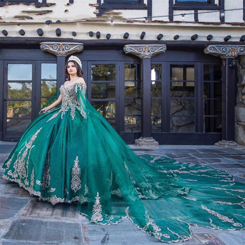 Hunter Green Off The Shoulder Quinceanera Dresses 2023 Appliques Birthday Party Gowns With Cape Pageant Graduation Sweet 16