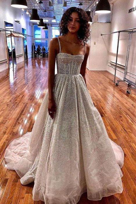 Sparkly Spaghetti Straps Straps Bling Bling A Line Long Prom Dresses