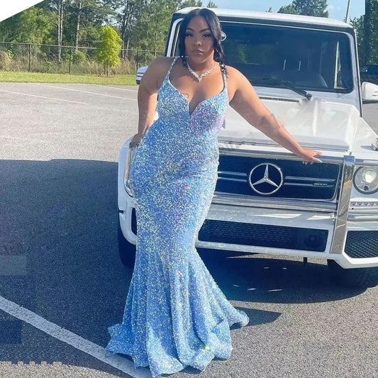 Sexy Plus Size Long Prom Dresses For Black Girls 2023 Sparkly Sequined Birthday Party Dresses Mermaid Sky Blue Evening Gown