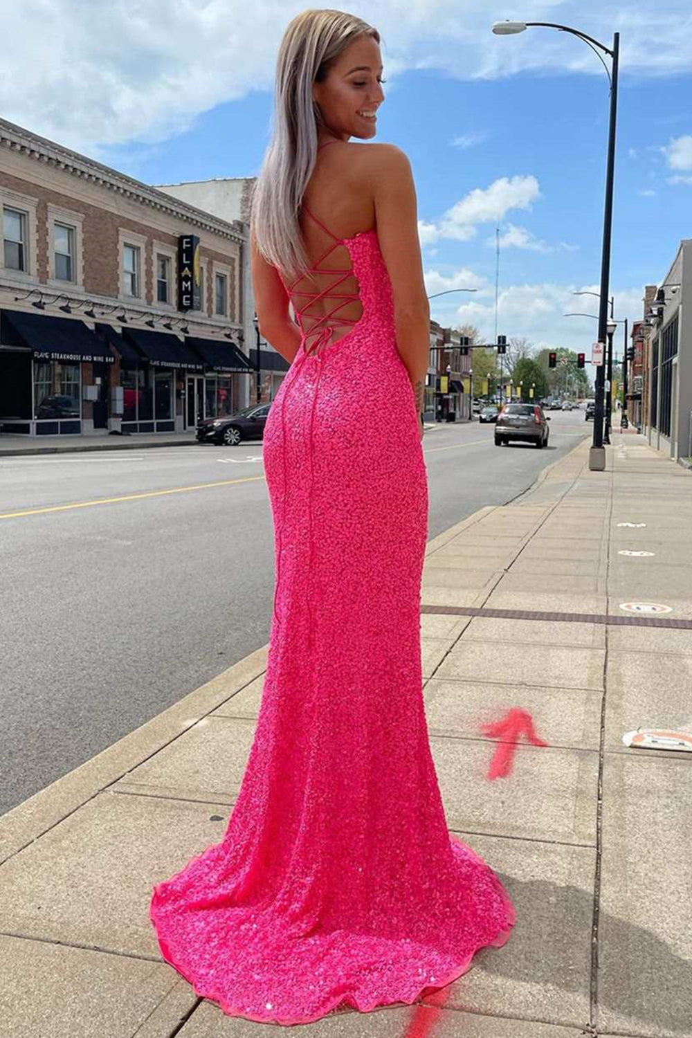 Navy Blue Sequin Long Prom Dresses Mermaid Cross Back Evening Party Dresses