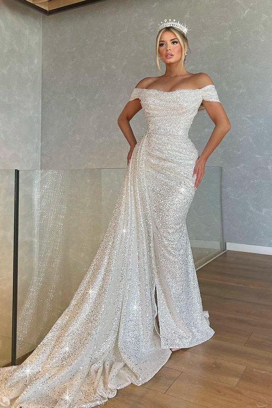 Stunning Off-the-Shoulder White Mermaid Prom Dress Long With Ruffles