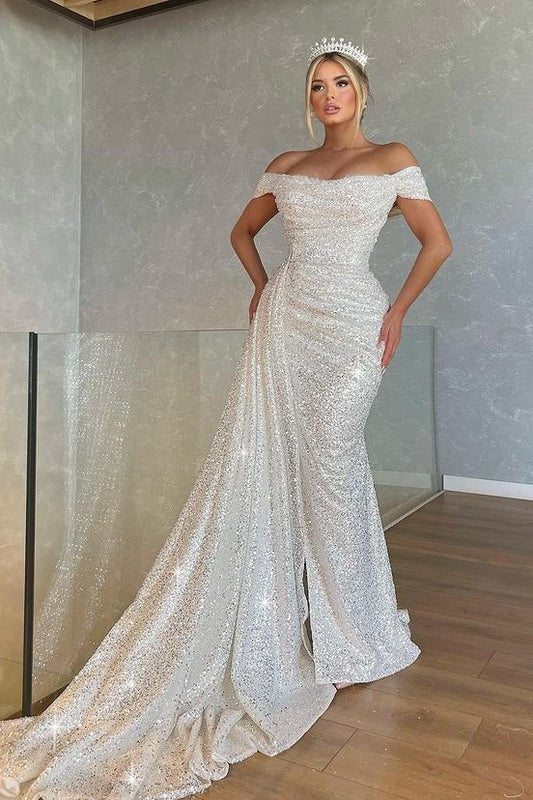 Stunning Off-the-Shoulder White Mermaid Prom Dress Long With Ruffles
