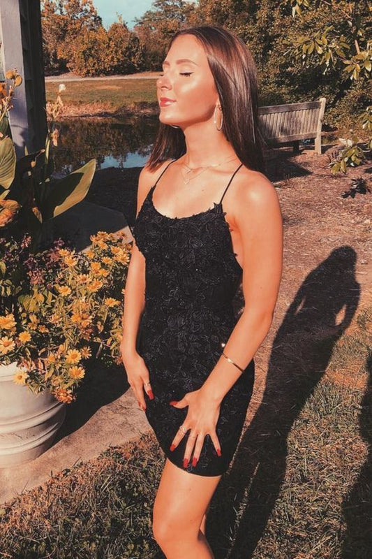 short black lace homecoming dress tight with spaghetti straps, black tight cocktail dress party dress