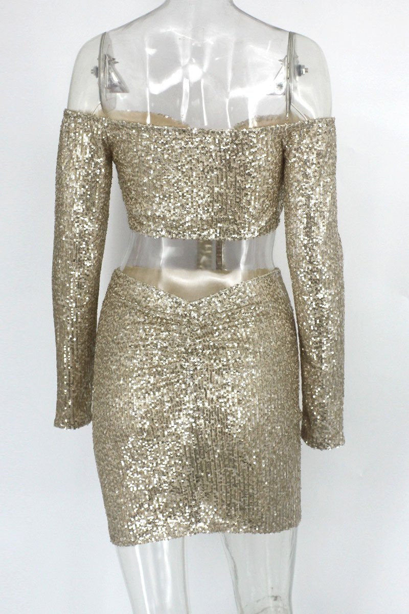 Chic Gold Sequins Long Sleeve Short Homecoming Dresses Mini Dress Online