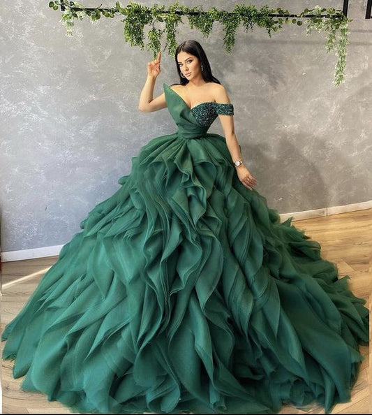 Dark Green Ruffles Quinceanera Dresses Off the Shoulder Floor-Length