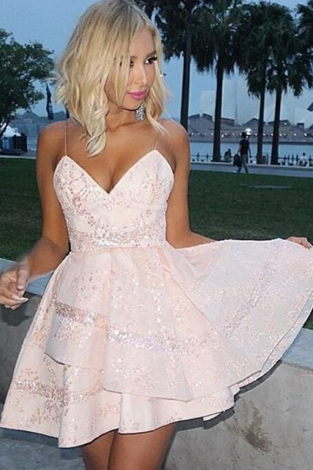 Straps Tiered Sequined Pink Homecoming Dress