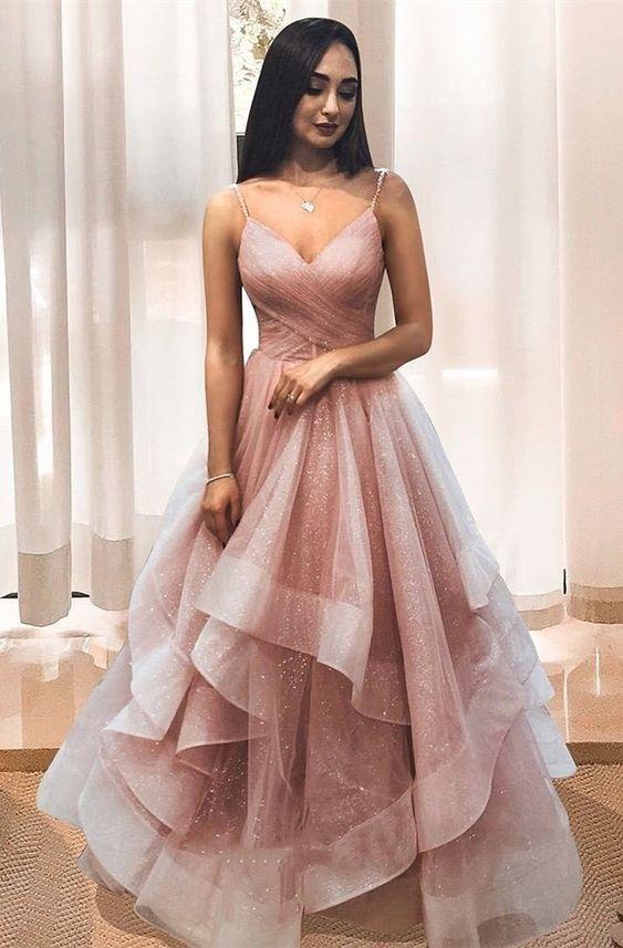 Ruffled rose gold long prom dress with pleated