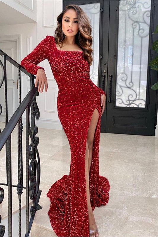 Stunning Burgundy Sequins Mermaid Prom Dress Long Sleeves With Slit