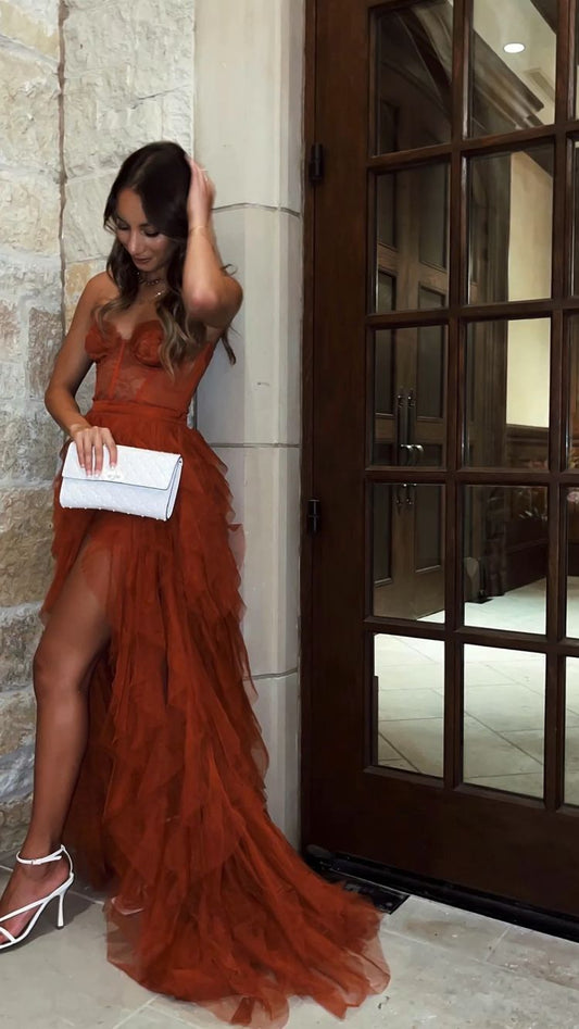 Rust Red Sweetheart High Low Tiered Formal Dress