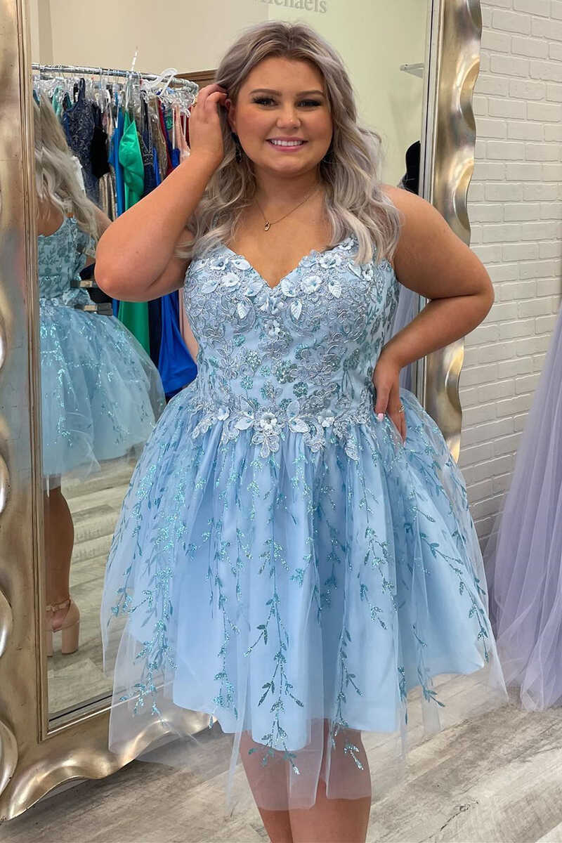 A-Line Light Blue Appliques Short Homecoming Dress
