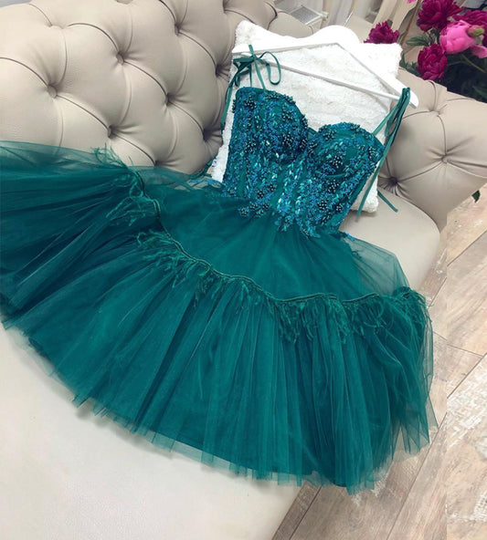 Green tulle lace short prom dress