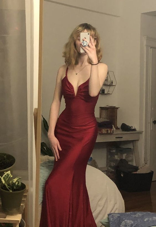 Mermaid V Neck Cross Back Burgundy Satin Long Prom Dress