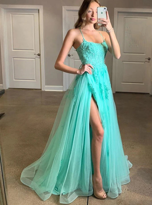 Spaghetti Long A-line Lace Tulle Prom Dresses,Side Slit Prom Dresses,Long Prom Dresses