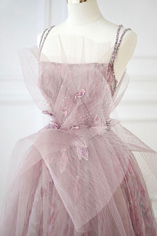 Pink tulle beads long prom dress A line evening dress