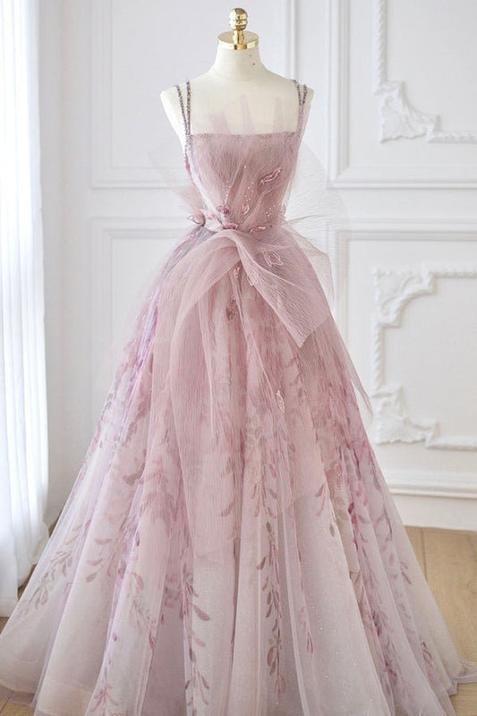 Pink tulle beads long prom dress A line evening dress